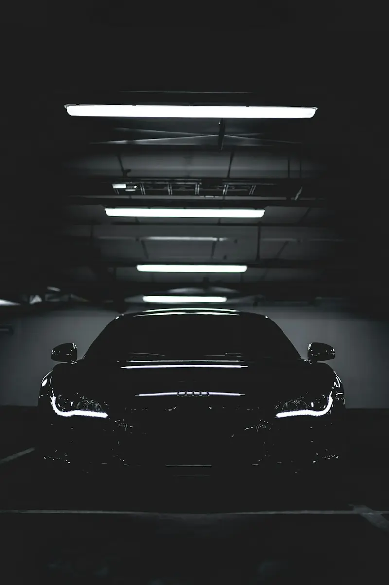 Car under strip lights in a garage